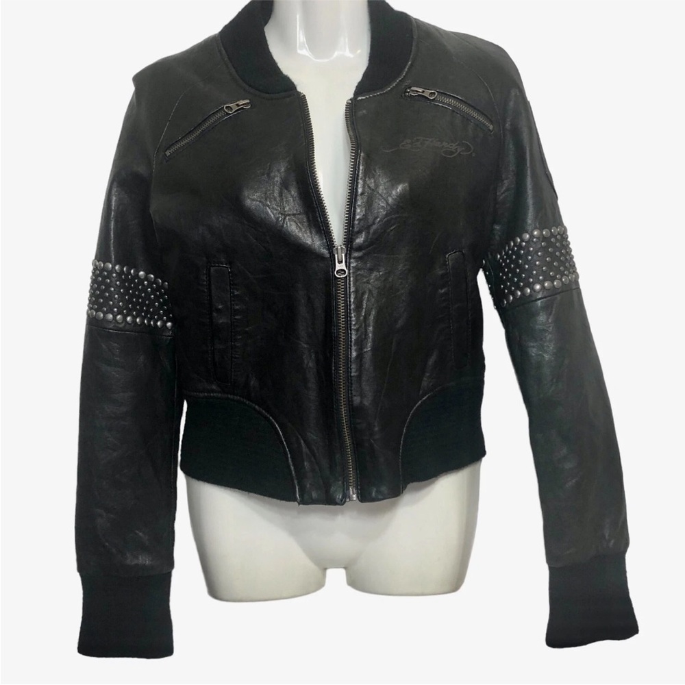 Ed Hardy by Christian Biker Moto Jacket Black Leather Studded Women’s Small